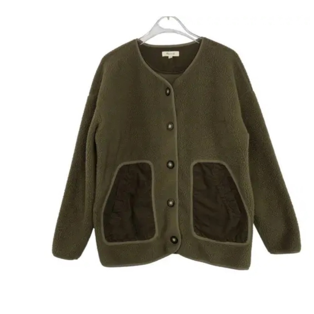 NWOT Madewell Resourced Fleece Cargo Jacket Olive Green Teddy Jacket - Picture 2 of 9